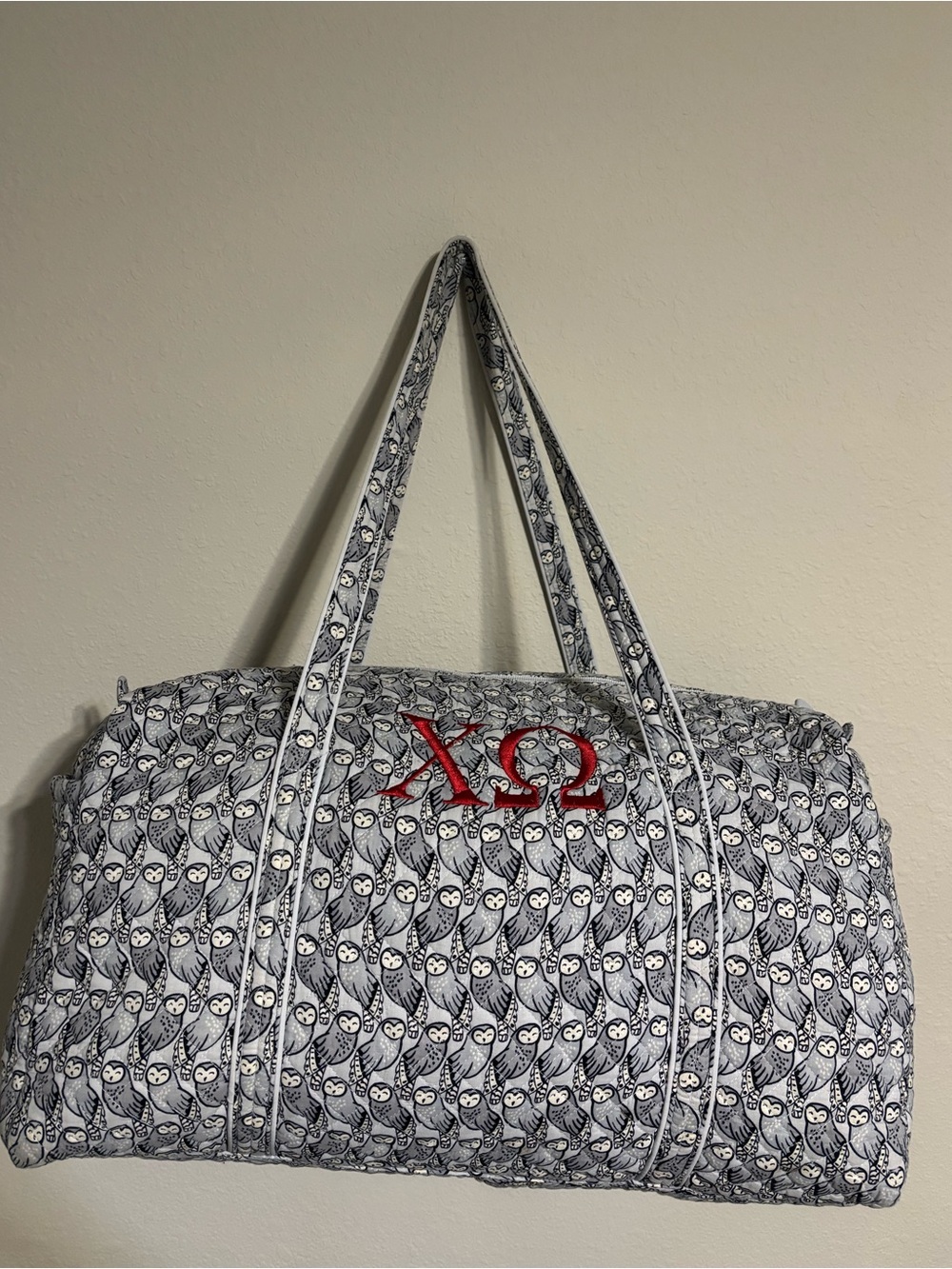 Vera Bradley Chi Omega Duffel Bag - Owl print with red embroidery